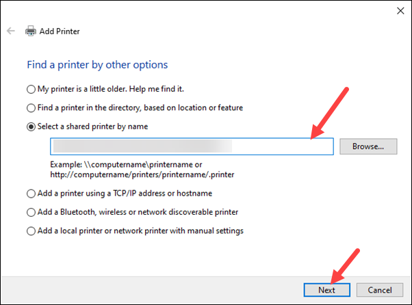 Select a printer by name window