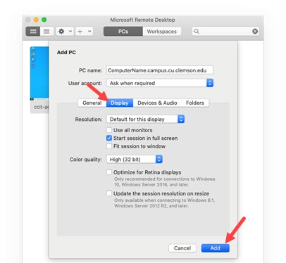 Remote Access Display settings