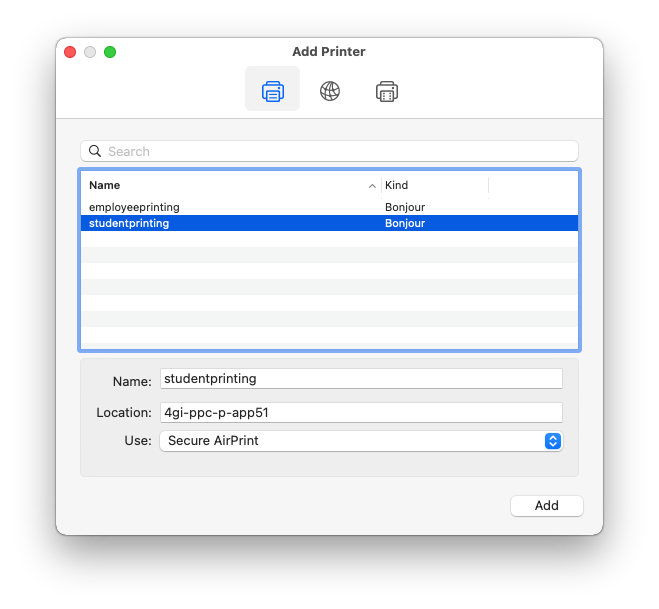 studentprinting is selected, Add option at bottom