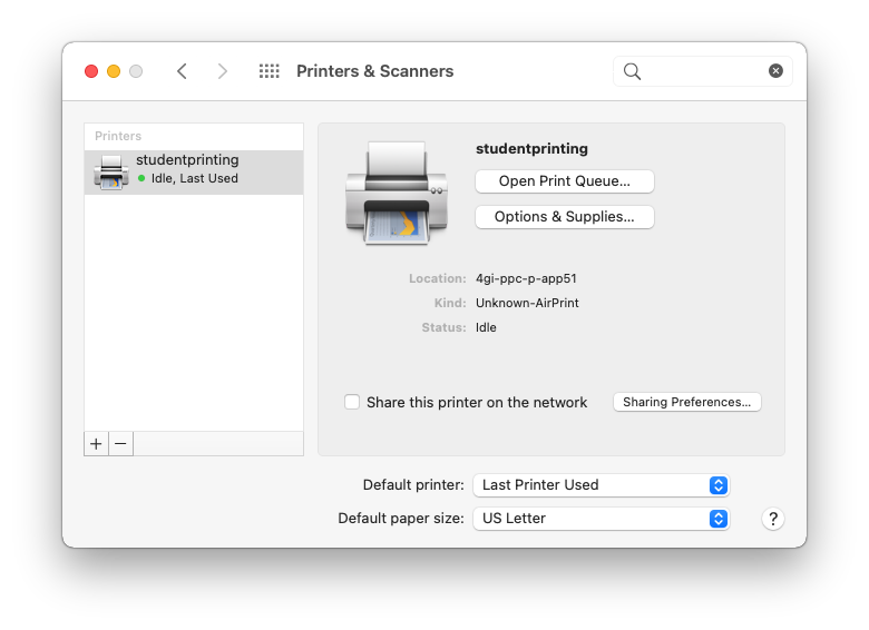 studentprinting Printer shows under Printers & Scanners