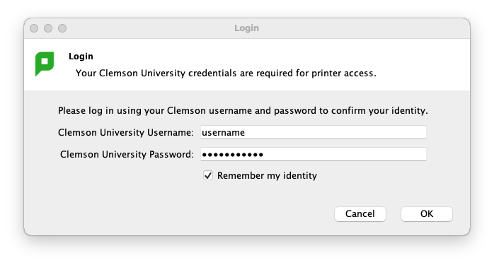 Give Clemson credentials to access printing