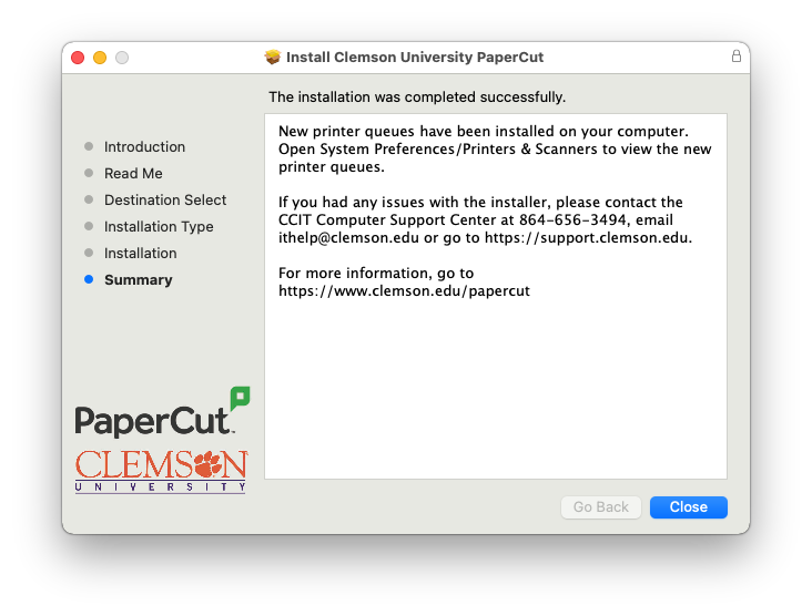 PaperCut Summary Close screen