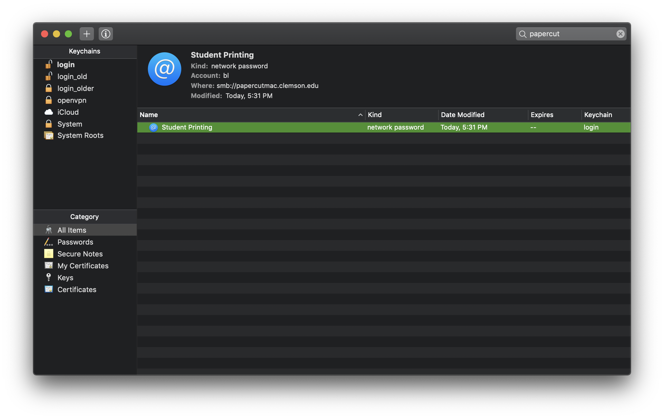 Keychain search for PaperCut
