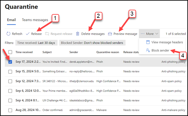 Quarantine with checkmark on desired item