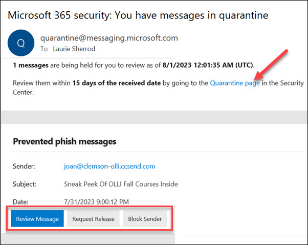 Red arrow to Quarantine page, red box around Review Message, Request Releast, and Block Sender