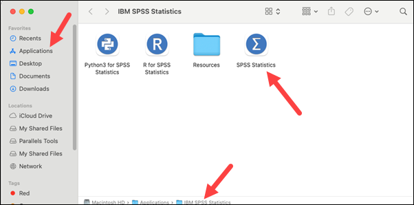 Red arrows to Applications, IBM SPSS Statistics folder, SPSS Statistics