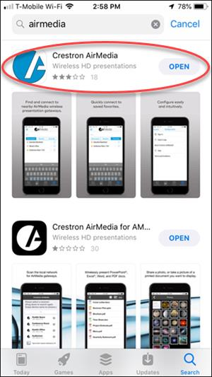 Apps store search for Crestron Air Media
