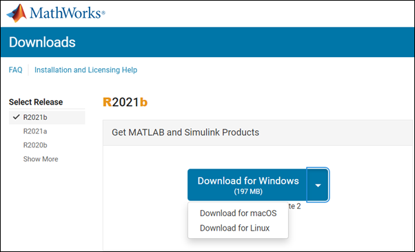 Download button for various versions of Matlab