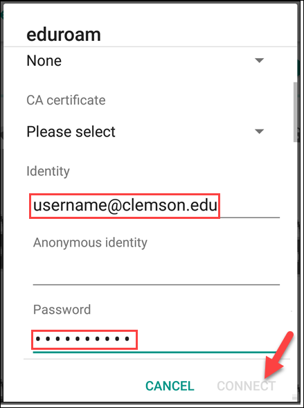 Identity field and password fields highlighted, arrow pointing to connect