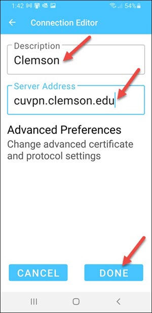 Red arrows to Clemson, cuvpn.clemson.edu, and DONE