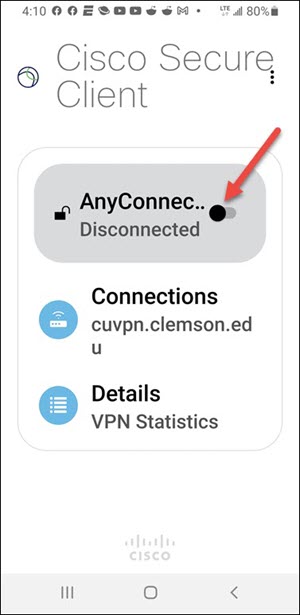 Red arrow to AnyConnect slider