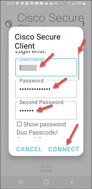 Red arrows to gray slider, Username, Password, Second Password, and CONNECT