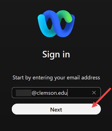 Box to enter your username@clemson.edu, red arrow to Next button