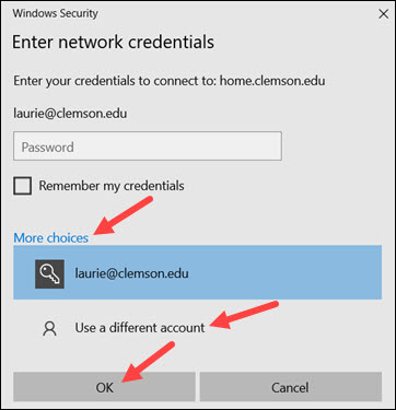 Red arrows to More choices, Use a different account, and OK