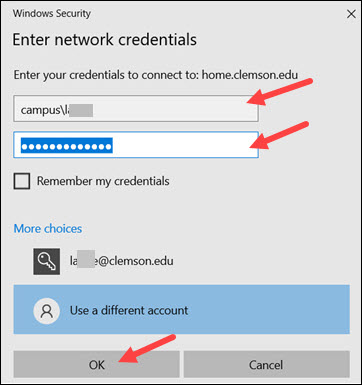 Red arrows to user name field with campus\username, password, and OK