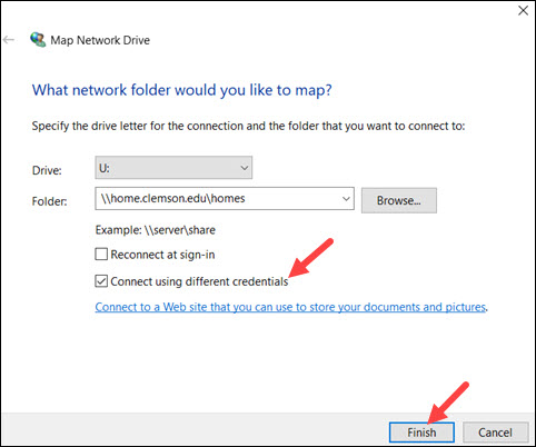 Red arrows to Connect using different credentials and Finish