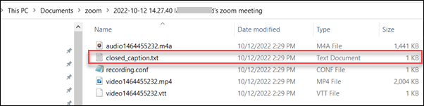 Screenshot of Zoom folder with red box around closed_caption.txt