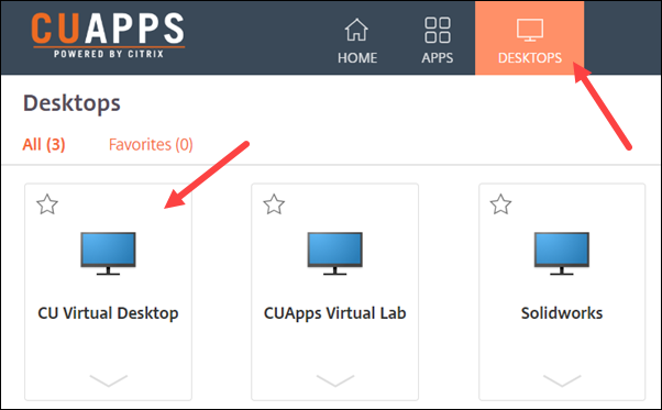 Red arrows to Desktops, CU Virtual Desktop
