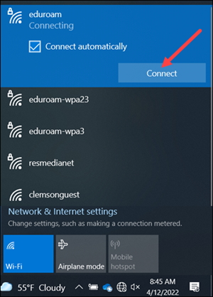 eduroam selected, red arrow to Connect button