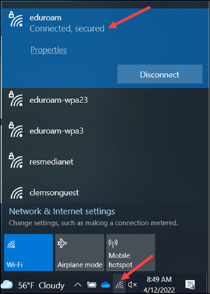 Red arrows to eduroam (Connected) and Wi-fi (in toolbar, connected)