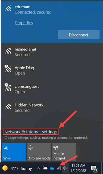Red arrow to Network & Internet settings
