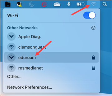 Red arrows to Wi-Fi in upper right and eduroam in center