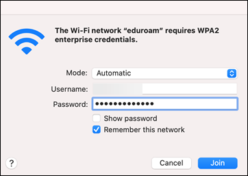 eduroam log in with Clemson username and password boxes and Join in lower right hand