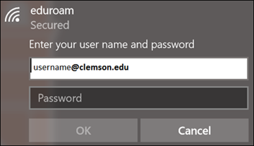 eduroam login user name, password, and OK button