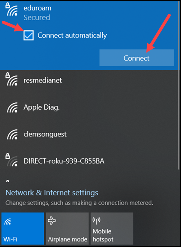 eduroam selected with red arrows to Connect automatically and Connect