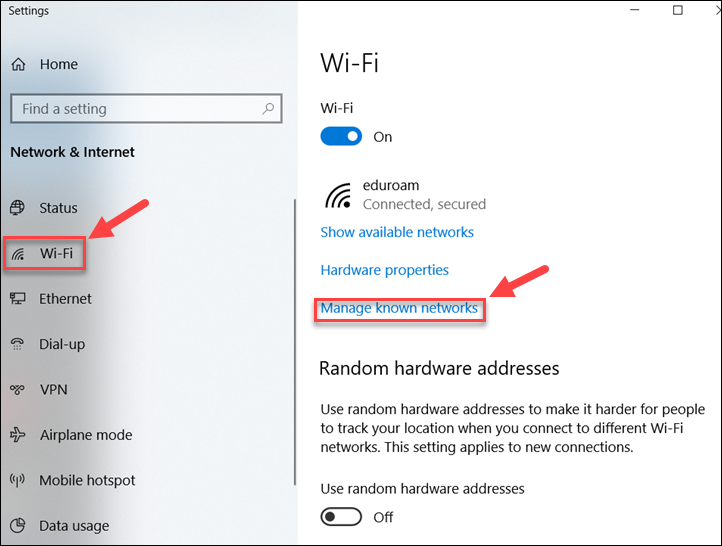 Click Wifi on left, Manage Known Networks on right