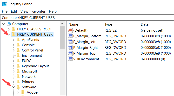 Registry edit opened, click on > beside HKEY_CURRENT_USER and > beside Software