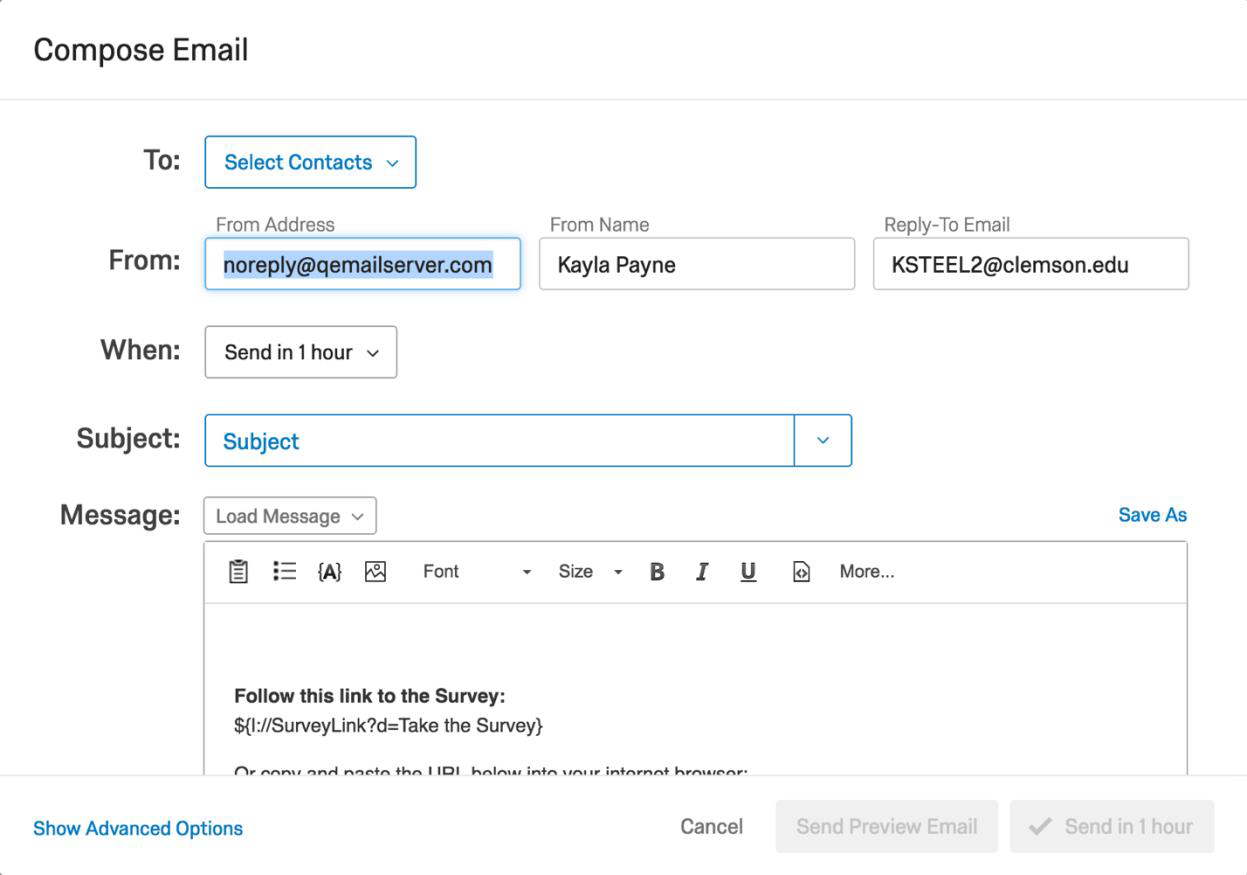Image of Compose email options in Qualtrics Mailer Tool