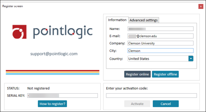 Pointlogic register screen
