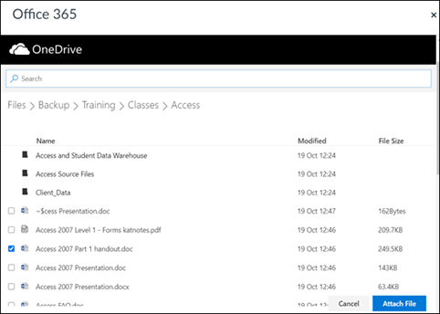 OneDrive with a file selected and blue Attach file button