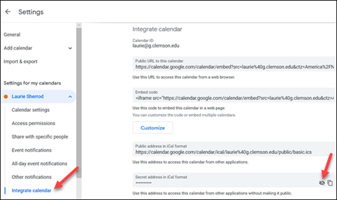 Arrow to Integrate calendar, arrow to visibility settings beside Secret address in iCal format