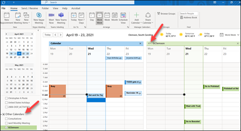 Red arrow to Other Calendars, Red arrow to title of Google Calendar
