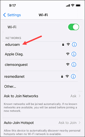 eduroam shows in list of WiFi networks