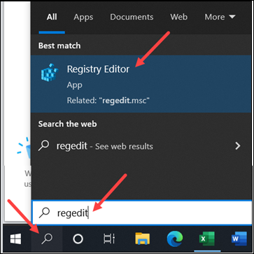Red arrow to search, regedit, and Registry Editor