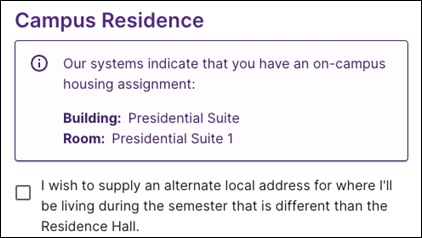 Message about your Building and Room with option to supply an alternate local address